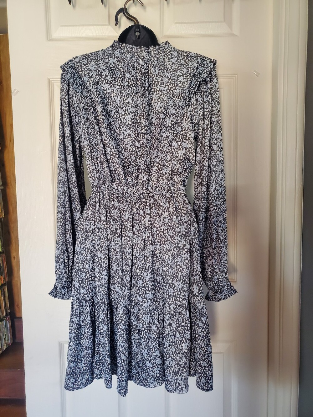 Bohemian Split Neck Tiered Mini Dress Floral Blue Ruffled Satin Preppy Fairy XS - Picture 5 of 11